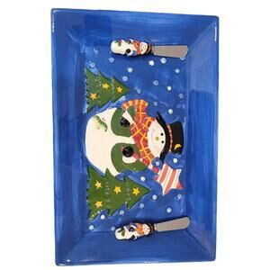 International Silver Co Ceramic Snack Snowman Platter w 2 Spreaders Christmas